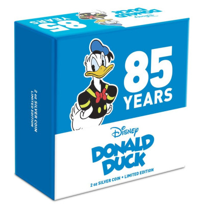 Kačer Donald 85. výročie - 2 Oz - strieborná proof zberatělská minca
